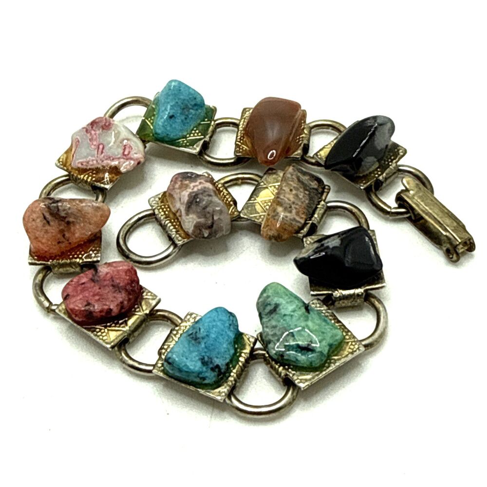 Vintage Semi Precious Stone Bracelet Polished Agates Boho Statement 7.5"